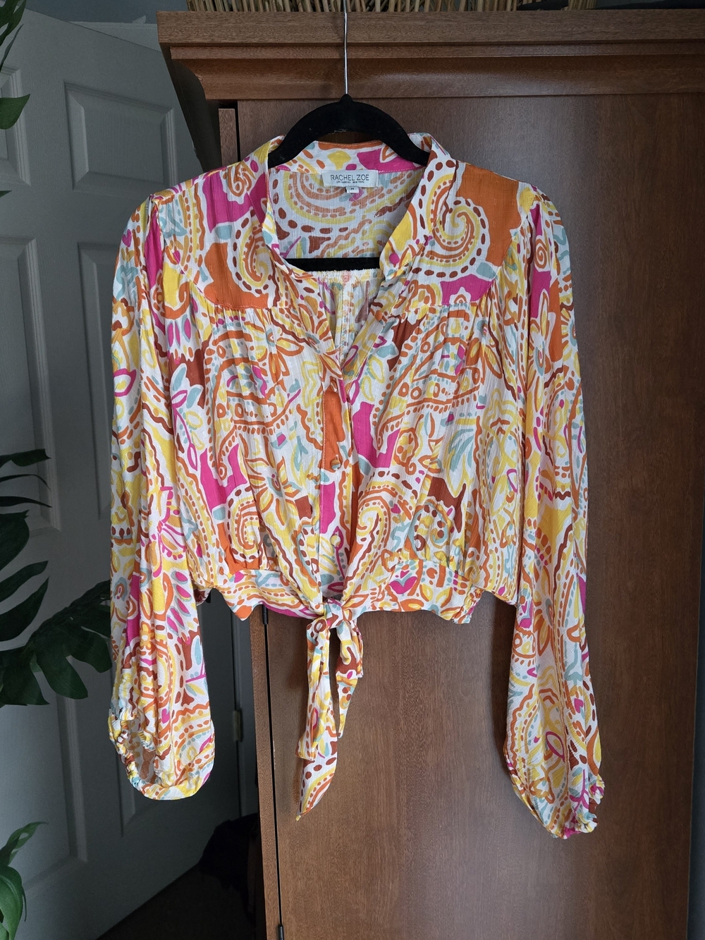 Rachel Zoe Pink, Orange & Yellow Paisley Tie-Front Dolman Sleeve Blouse